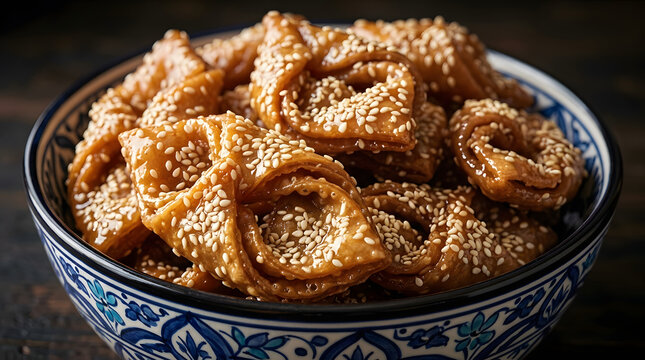 Bowl of Moroccan Chebakia isolated on transparent background