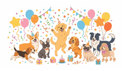 Naklejka premium Cute Dogs and Puppies Celebration Party Scene with Balloons and Confetti Vector Illustration Isolated on White Background