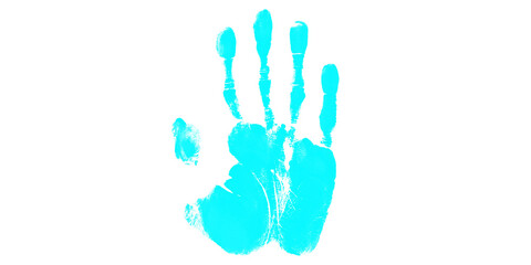 Fototapeta premium A cyan handprint on a pure transparent background, isolated for use in design and artistic projects