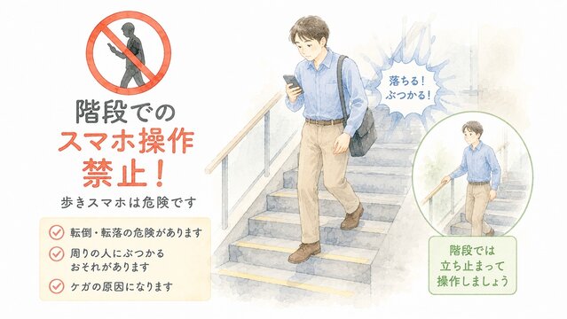階段でスマートフォンを操作する歩きスマホの危険性と禁止を促す注意喚起イラスト