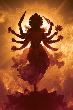 Divine Feminine Power: Goddess Durga in Fiery Aura