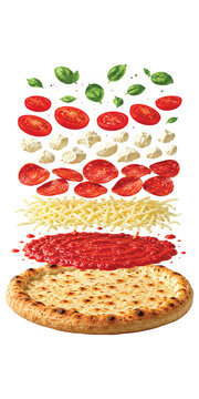 Deconstructed Pizza Ingredients Floating Isolated on White Background