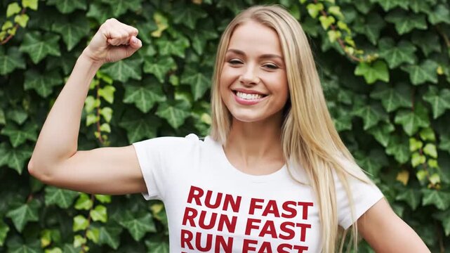 Strong young woman flexing biceps and smiling against green ivy wall, showing physical fitness and female empowerment.