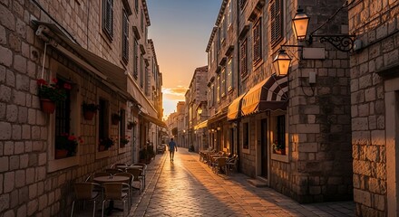 Obraz premium Historic european street scene with sunset light illuminating buildings