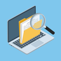 Isometric Laptop Document Search Vector Illustration, Yellow File Folder with Magnifying Glass Data Analysis, Digital Audit Database Management Information Discovery, UI UX Web Landing Page Element © Skyframe