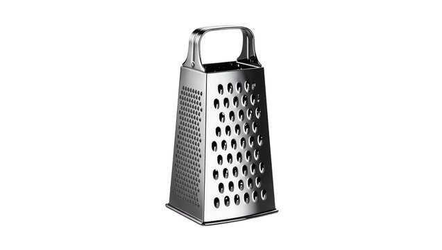 Shiny metal four-sided box grater with handle, isolated on transparent background