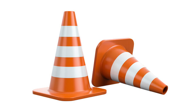 Two orange and white striped traffic cones one upright one fallen, isolated on transparent background