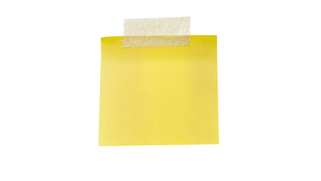 Yellow paper sticky note with beige tape, isolated on transparent background