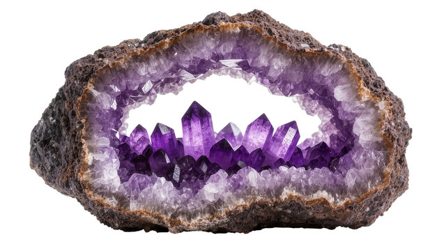 Deep purple amethyst geode with crystalline formations, isolated on transparent background