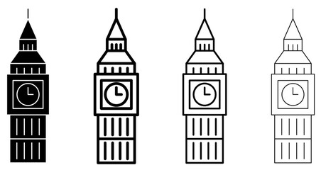 Fototapeta premium Set of Big Ben icons, symbols for London, architecture, and tourism. Vector illustration