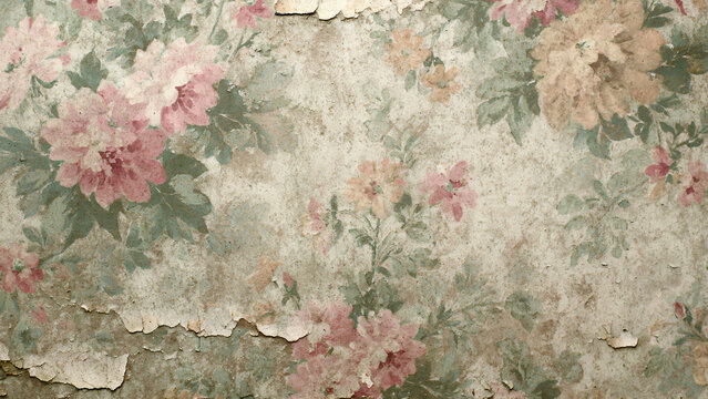 Old gray rusty vintage worn shabby patchwork floral flower leaves motif tiles stone concrete cement wall texture background banner