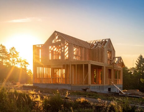 Unfinished wooden house framing illuminated by warm sunrise light