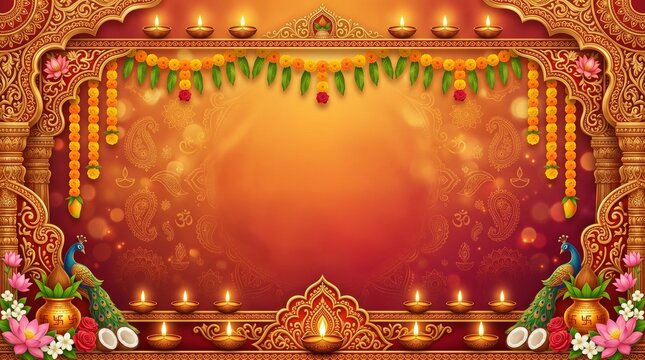 Varalakshmi Vratam celebration banner, warm saffron and ruby gradient, ornate Indian decorative motifs