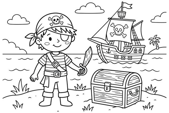 Little pirate boy standing on sandy beach with treasure chest and ship treasure eyepatch coloring illustration.