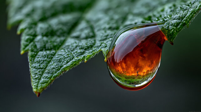 Detailed macro view of a pristine water drop and an orange droplet capturing an encroaching forest fire on a vineyard leaf