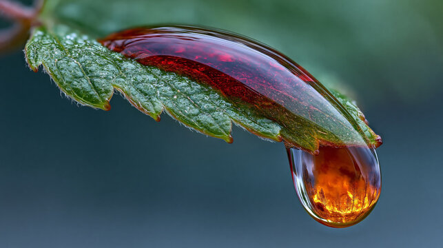 Extreme macro of grapevine foliage with a heavy drop reflecting bright flames and smoke of a destructive wildfire