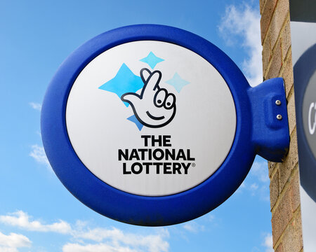The National Lottery sign outside a shop. August 28, 2025 United Kingdom