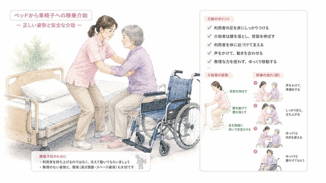 ベッドから車椅子への移乗介助を正しい姿勢と安全な方法でサポートする介護イラスト