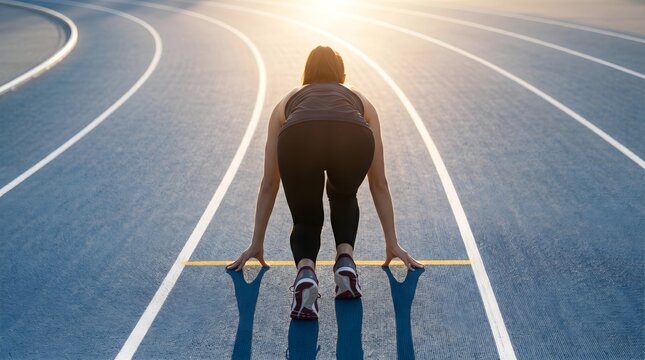 Athletic female runner in a focused starting position crouched low on a vibrant blue running track while preparing for a fast sprint during a beautiful bright sunny golden afternoon session.