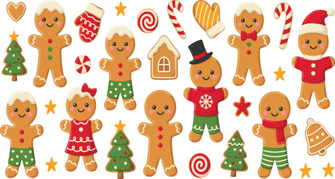 Cute Christmas gingerbread cookies mega set. Festive winter holiday character elements collection. Isolated cartoon vector illustration assets.