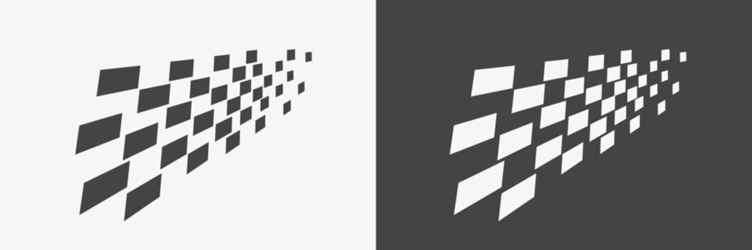 Race flag emblem. Checkered board chaotic pattern. Marathon concept, start or finish sport competition. Vector illustration