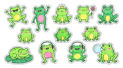 Obraz premium Collection of Cute Green Cartoon Frog Sticker Illustrations