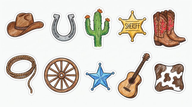 Hand-Drawn Wild West Cowboy Themed Sticker Set on White