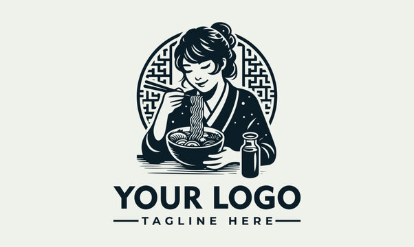 Japanese woman eating ramen noodles vector logo illustration for restaurant branding