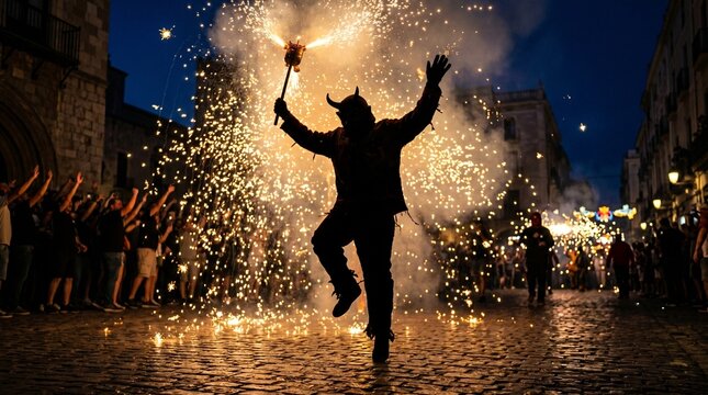 Santa Tecla Festival, a Ball de Diables demon silhouette dancing under a shower of golden sparks