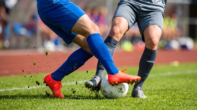 Two professional soccer players compete for possession of a white leather ball on a bright green grass field during a high intensity outdoor summer match under natural daylight camera focus