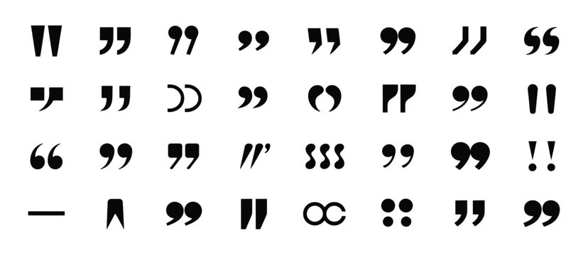 Quote mark icons set vector illustration, black quotation marks collection, isolated punctuation symbols, typographic design elements on transparent background.