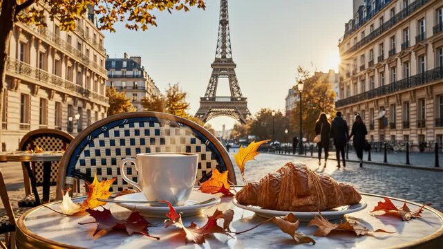Parisian cafe breakfast with Eiffel Tower view during autumn.