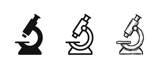 Set of microscope icons, solid, outline and sketch styles © drawing lines