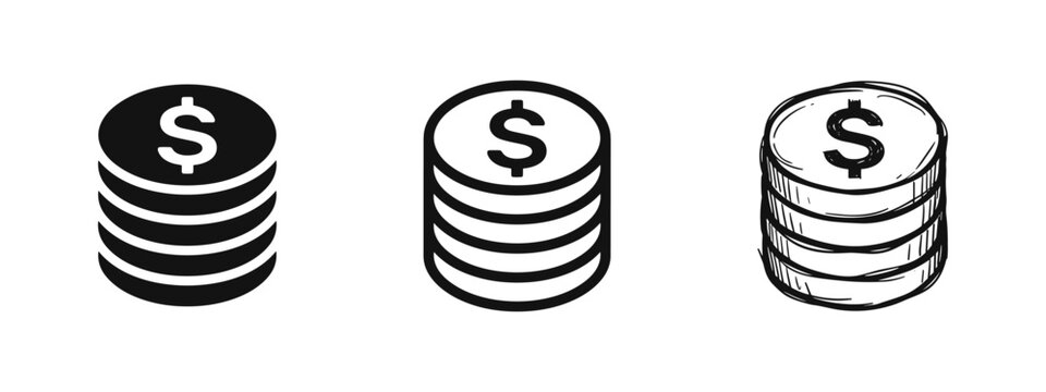 Set of three stack of dollar coins icons in solid, outline and sketch styles