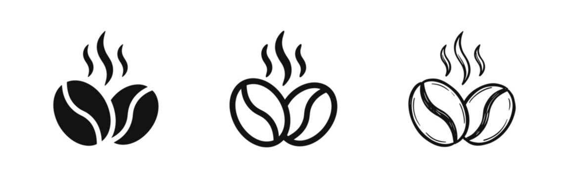 Set of three styles of steaming coffee beans icon