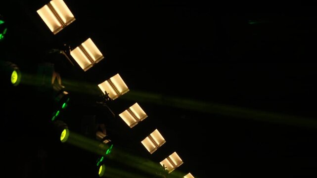 Colorful Stage Lights And Mist On Concert Show With Working Ceiling White Bright Spotlights