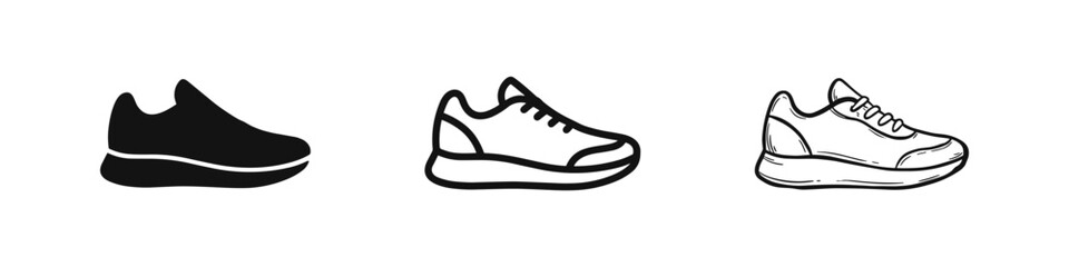 Sport sneaker shoe icon set, solid, outline and sketch artistic styles © drawing lines