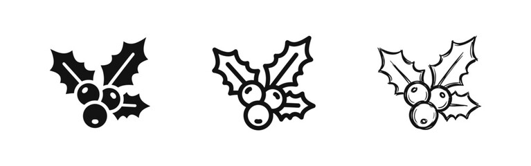 Holly berry icons, Christmas winter plant set in solid, outline and hand-drawn sketch styles © drawing lines