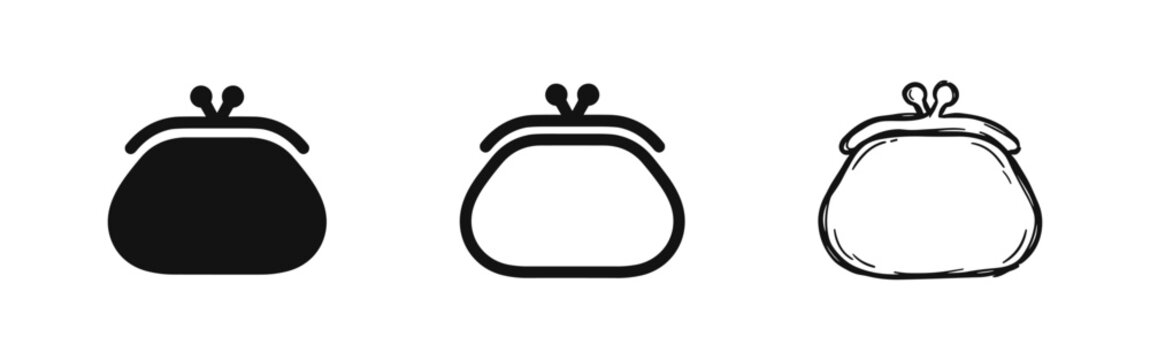 Set of coins purse icons, solid, line and hand-drawn doodle styles