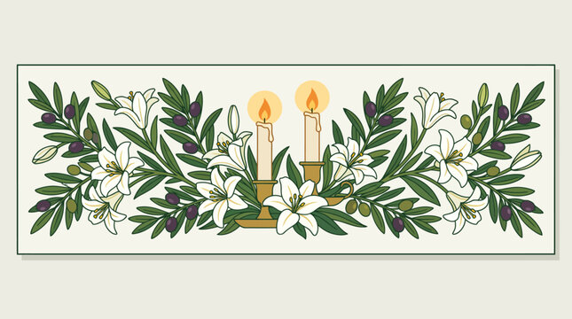 Peaceful Shabbat Candle Lighting Illustration with Olive Branches and Lilies