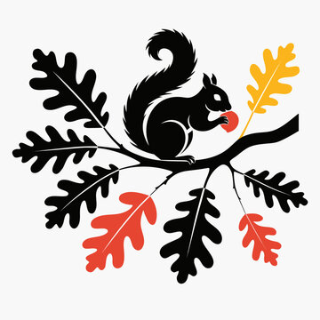 Minimalist squirrel silhouette on oak branch vector, autumn forest animal with oak leaves, black squirrel holding nut illustration