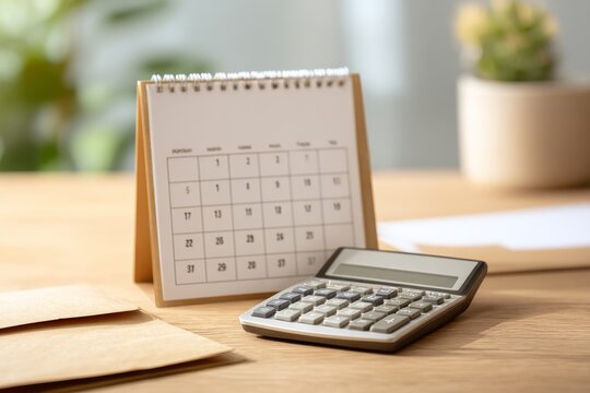 Calculator with payroll calendar and envelopes on office desk
