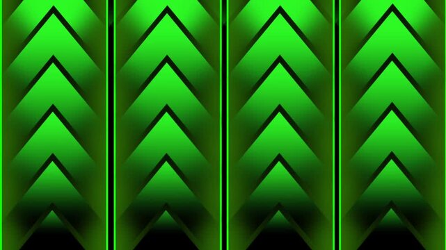 Abstract green arrows pattern background moving upward continuously on a dark gradient background.