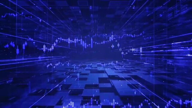 High-tech stock market trading background showing blue candlestick charts moving across an analytical digital grid that transitions into a global network world map.