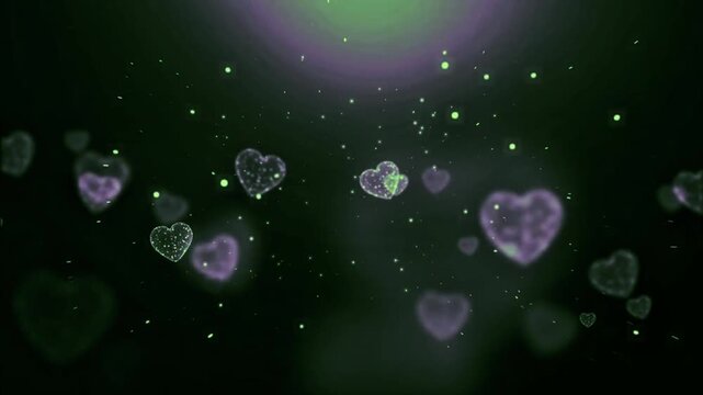 Romantic background featuring glowing purple and green digital plexus hearts floating gracefully with sparkling particles and light flares in a dark abstract space.