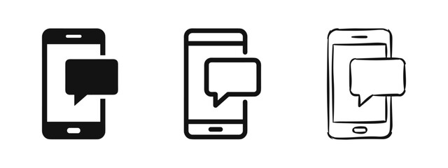 Set of smartphone with speech bubble icons in solid, outline and sketch styles © drawing lines