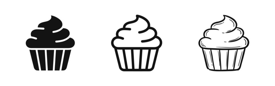 Set of cupcake icons in solid, outline and sketch styles