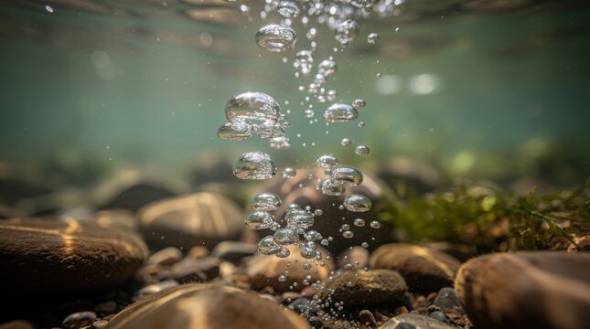 Underwater view of clear bubbles rising from a rocky riverbed with blurred greenish water in the background.