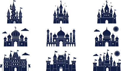 Naklejka premium Medieval Castles and Oriental Palaces Silhouette Vector Set Featuring Fairytale Fortresses Royal Citadels Arabian Mosques Domes and Towers Graphic Illustrations
