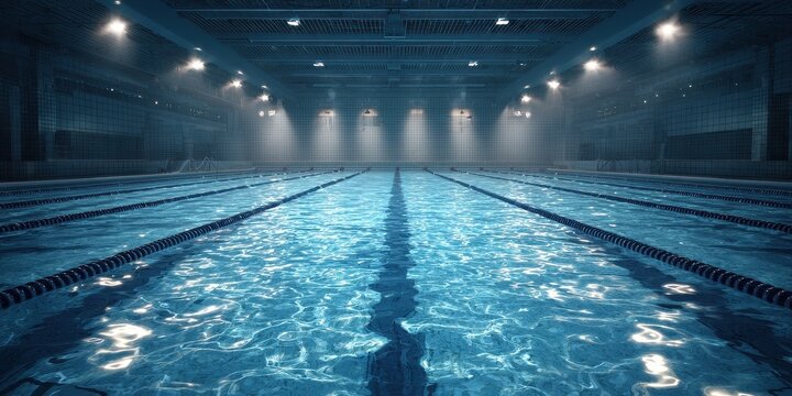 Empty Illuminated Synchronized Swimming Arena with Soft Blue Water